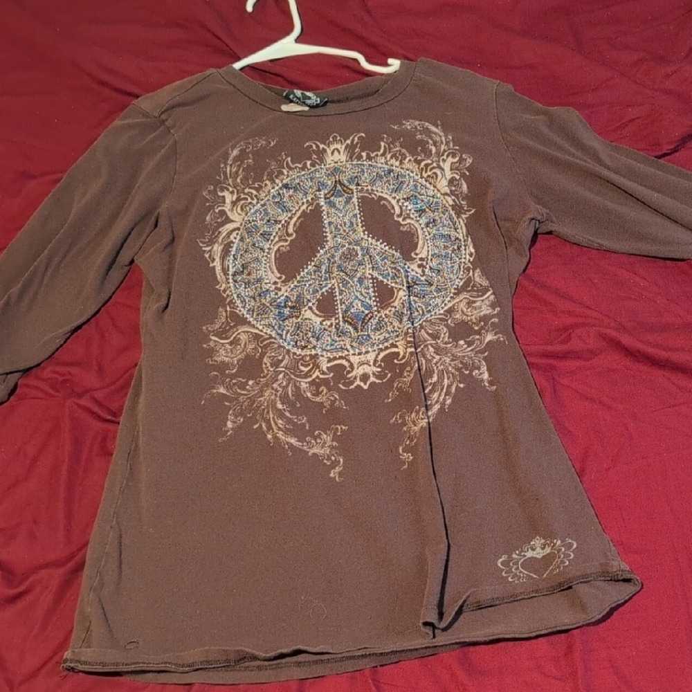 Katydid Brown Long Sleeve Tee with Peace Sign Design